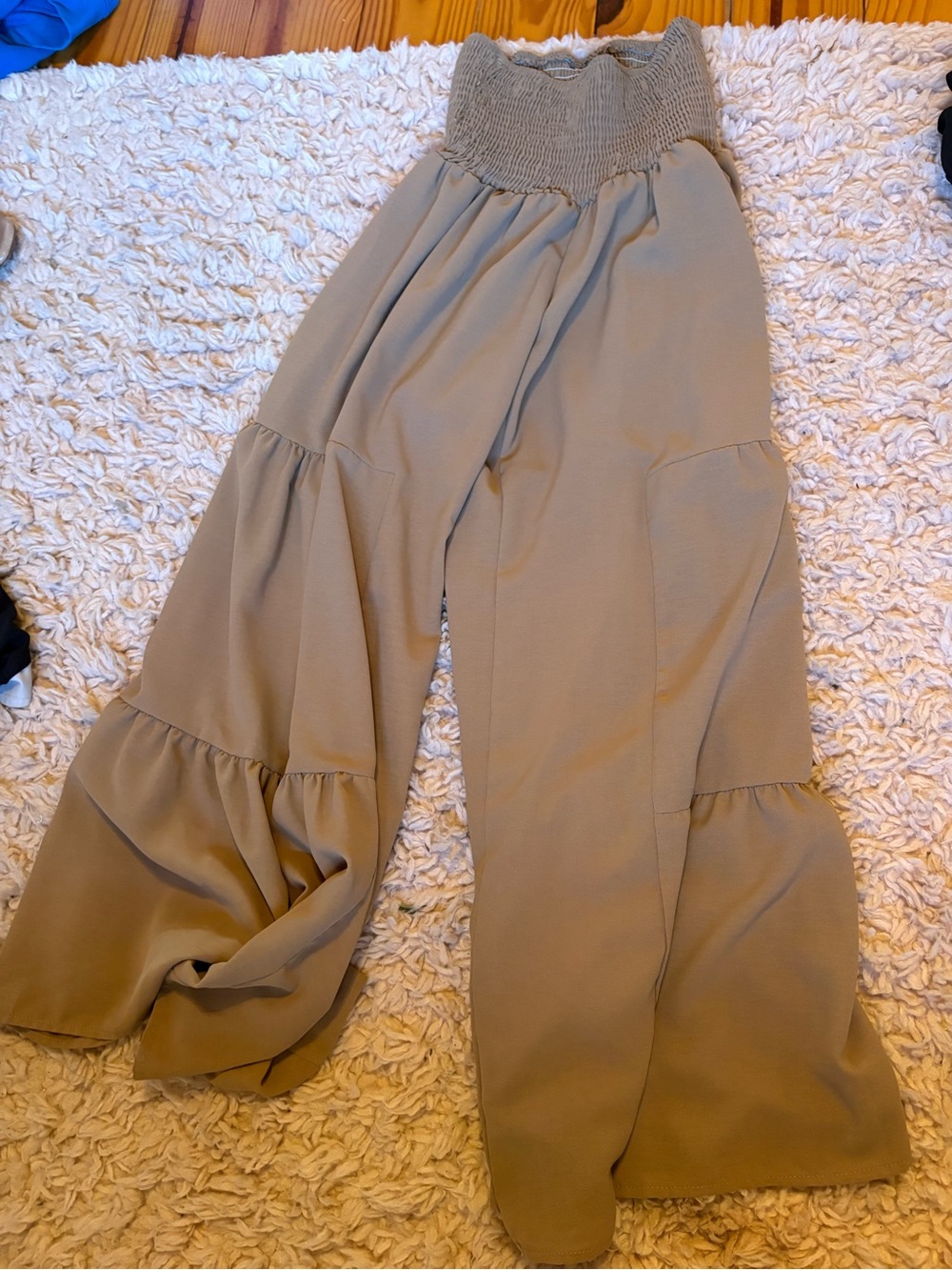 Smocked Waist Tiered Wide-Leg Jumpsuit Pants - Taupe